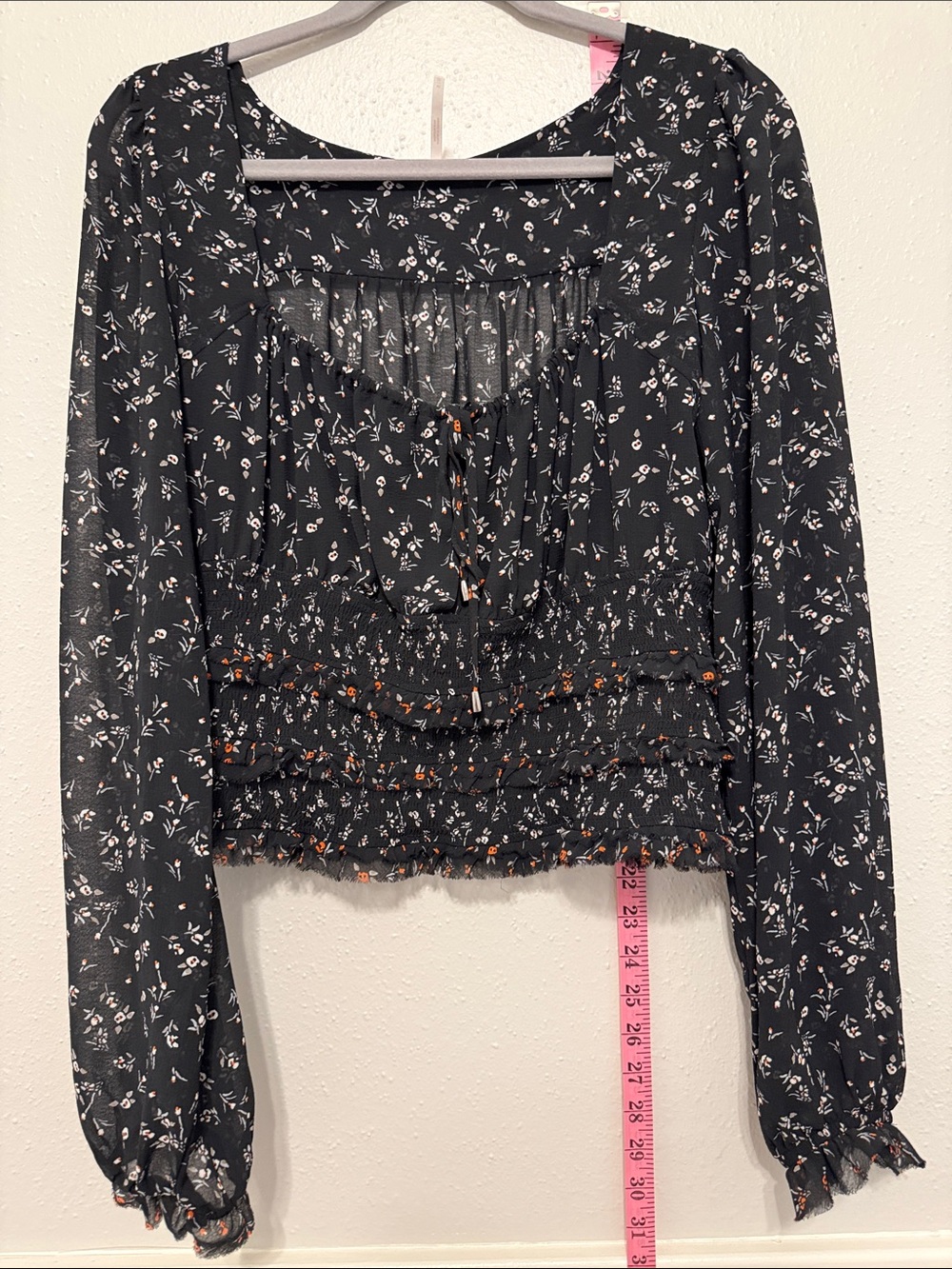 Free People “Lolita” Black Floral Smocked Crop Blouse